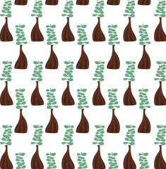 Clay vases with plants. Seamless Pattern. Minimalistic trendy style. Leaves, Palm leaves. Decorative, antique pottery vase. Scandinavian art with vases. Background