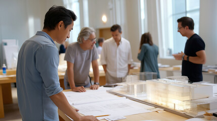 A vibrant architectural studio filled with creativity and collaboration