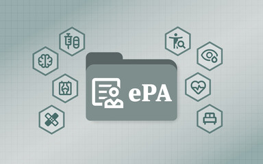elektronische Patientenakte - epa Grafik als Symbolbild mit Icons für Akte, Diagnose und medizinische Versorgung in Waben.