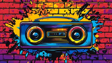 Fototapeta premium Vibrant illustration of a retro boombox set against a graffiti style brick wall. The boombox is depicted in blue, yellow, and purple hues, surrounded by colorful paint splatters. The brick wall is