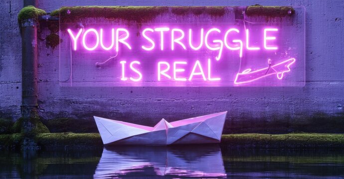 Naklejki Soft purple neon sign your struggle is real in bold font glowing beside canal wall with moss rippling reflections and floating paper boat