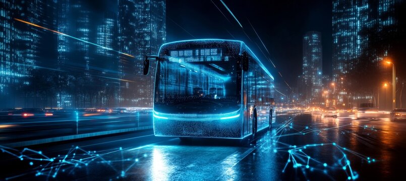 Smart Electric Bus With Network Connectivity Over Futuristic City, Urban Mass Transit