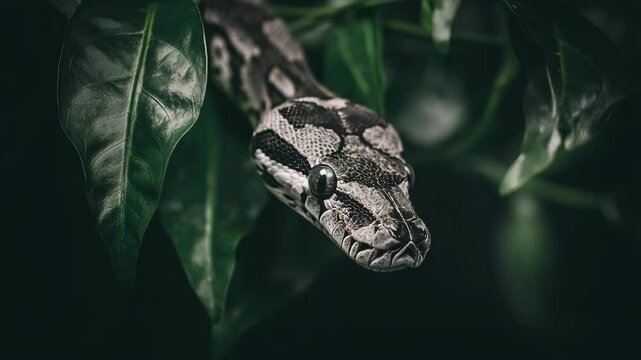 Close-up of a python resting among lush green leaves in a serene environment during daylight hours