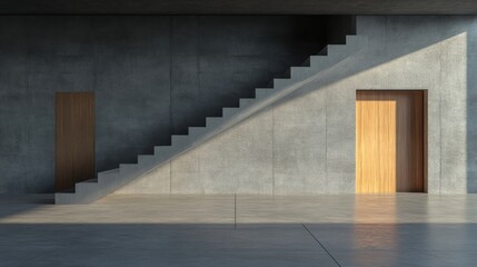 Obraz premium Modern concrete interior with stairs and doors. Sunlight casts shadows across the space