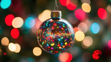 Fototapeta premium Colorful christmas ornament reflecting holiday lights.