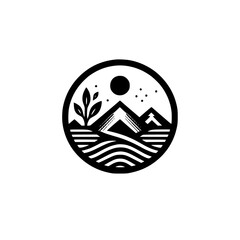 Obraz premium Minimalist Landscape Icon: Mountains, Moon, and Foliage in Circle