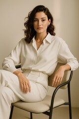 A confident woman with wavy hair, dressed in an elegant, oversized white blouse and tailored trousers, sitting gracefully on a modern chair.