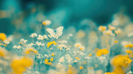 A light-toned butterfly resting on yellow wildflowers in a dreamy, softly lit natural field.