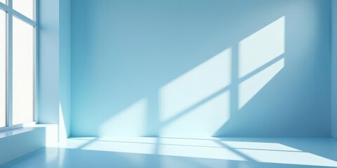 Fototapeta premium Serene Light Illuminates an Empty Room with a Window Casting Shadows on Pale Blue Walls and Floor