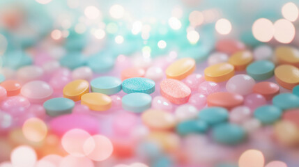 A soft focus close-up of pastel-colored pills and tablets, creating a dreamy pharmaceutical or supplement concept.