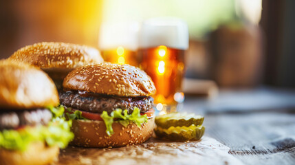 Close-up of fresh beef burgers with lettuce and tomato, served with pickles and beer in a warm, rustic setting.
