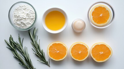 Fresh Oranges and Ingredients for Healthy Baking on White Background