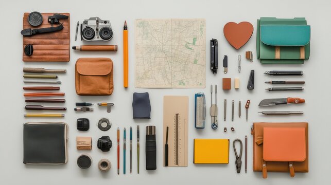 Organized Creative Workspace with Stationery, Tools, and Vintage Camera Items in Flat Lay Arrangement - Powered by Adobe