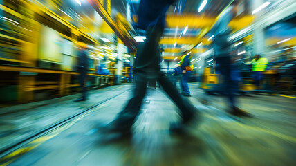 factory workers on the move, blurred figures in uniforms on the factory floor, background of an industrial Company