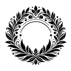 Elegant Black & White Ornate Floral Wreath Frame - Decorative Circular Botanical Element for Design