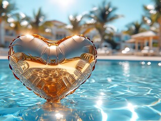 Golden heart balloon floats in pool