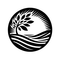 Minimalist Black and White Nature Circle Icon: Stylized Tree, Wavy Landscape, and Sun Rays Emblem