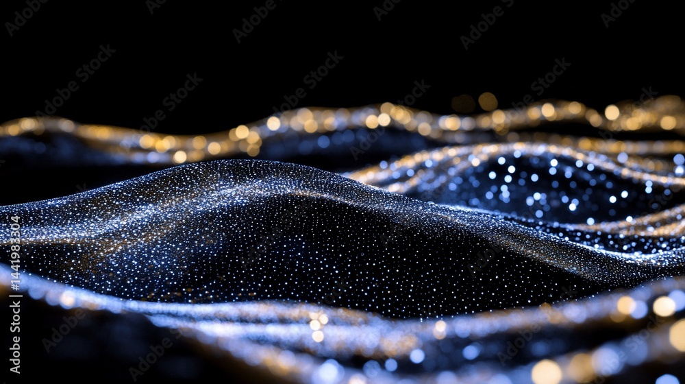 Poster abstract dark background with glowing particles forming wavy landscape.