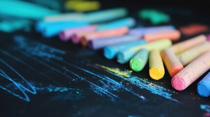 Vibrant pastel chalk pieces scattered on a blackboard with colorful doodles, symbolizing creativity, school, or artistic learning.