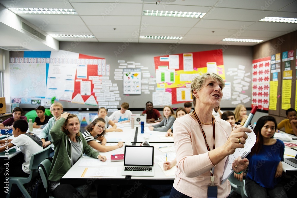Poster classroom with diverse students and a teacher. students engaged, teacher leading. educational settin