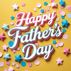 Happy Father's Day text with gold lettering and colorful confetti on yellow background. 