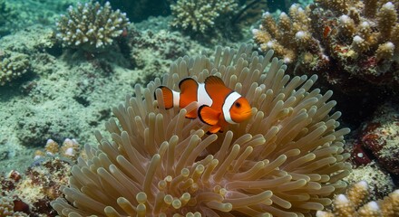 Clownfish nestled amidst the coral reefs embrace