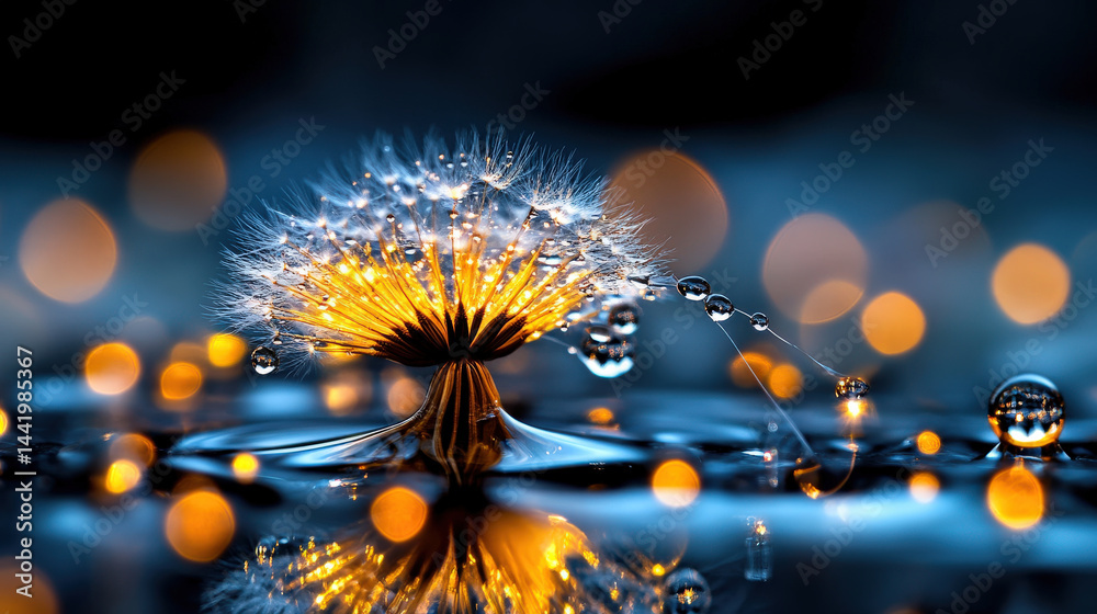 Poster Closeup of dandelion seed covered in dewdrops, glowing with warm light against blurred background of bokeh lights, creating magical and serene atmosphere
