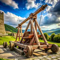 Old Medieval Wooden Catapult Launching Stones