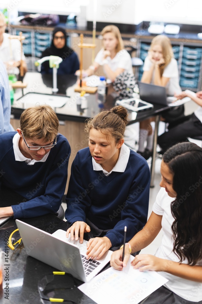 Poster Students in a science class collaborate on a project. Diverse group of teens, including boys and girls, work together using a laptop and notes in a classroom setting. Students in classroom, education.