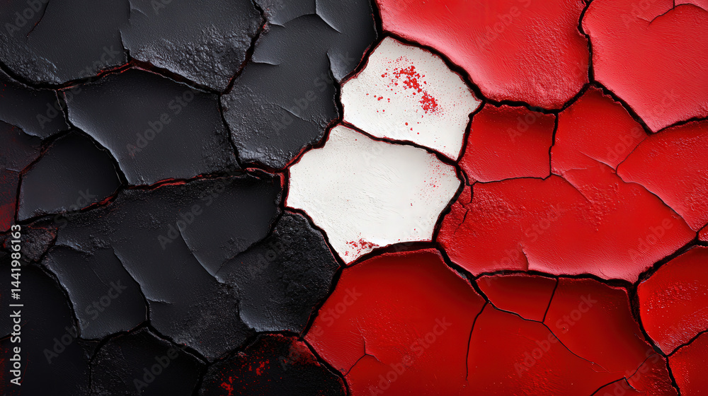 Aufkleber closeup of cracked and peeling paint wall features bold red, black, and white colors, creating strik