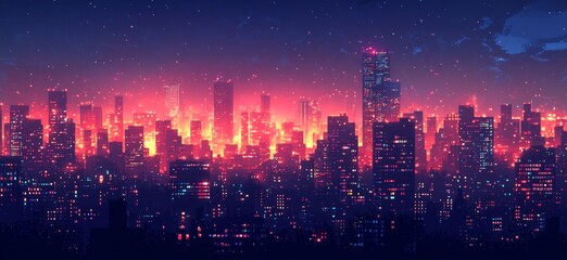 Fototapeta premium A city skyline at night with a purple sky