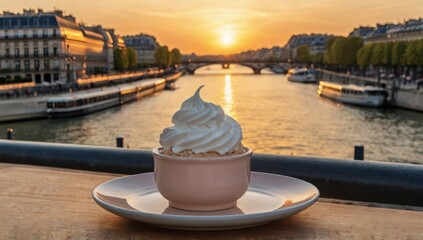 a plate with an Icecream pot + chantilly, in Paris, sunset, modern