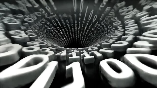 Stream of three-dimensional numbers swirling into dark digital vortex tunnel - Powered by Adobe
