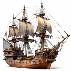 Naklejka premium Vintage Pirate Ship Isolated on White