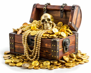 Isolated Pirate Treasure Chest Filled with Gold Coins and Jewels