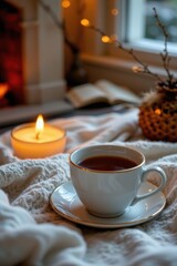 Fototapeta premium closeup of soft lights and herbal tea creating the perfect cozy evening routine by the fireside.