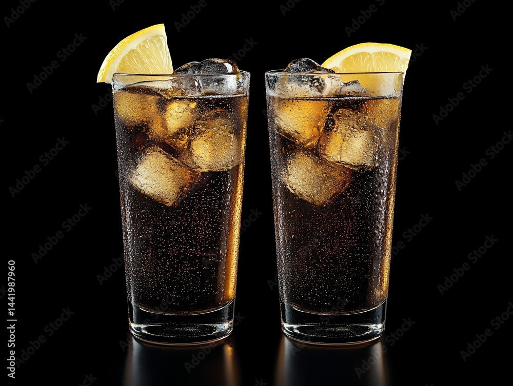 Poster two tall glasses of cola with ice and lemon wedges on a black background.