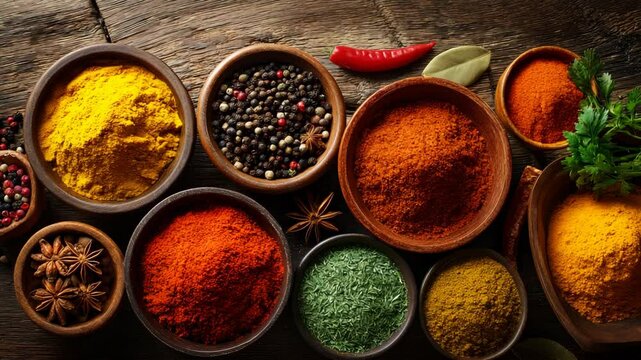 Colorful collection of spices displayed in wooden bowls on a rustic table highlighting culinary diversity and flavor