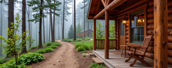 Fototapeta premium closeup of misty trails and rustic porches from peaceful forest cabin rentals.