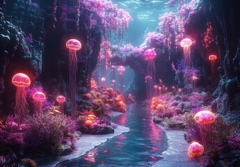 A colorful underwater scene with many jellyfish and other sea creatures