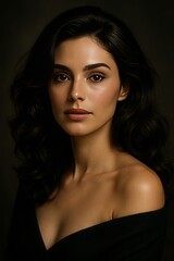 A stunning close-up shot of a confident woman with dark, voluminous waves cascading around her shoulders.