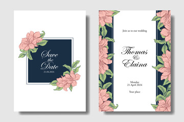 Stylist, elegant and minimalist magnolia floral wedding invitation, soft pink color contrast with dark blue