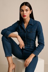 A stylish young woman with sleek, straight hair and a confident expression, wearing a modern, tailored denim jumpsuit with a chic pair of high-heeled sandals.