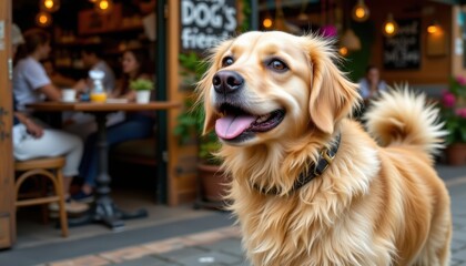 closeup of a cute golden retriever wagging its tail at a lively dog friendly cafe.