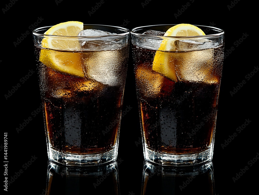Poster two glasses of cola with ice and lemon wedges on a black background.