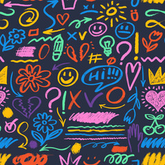 Seamless pattern hand drawn chalk doodle. Art charcoal pencil curly lines, squiggles, childish shapes. Kids chalk drawn vector. Pencil drawings seamless pattern. Crown, stars, flower, heart, doodle.