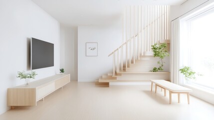 Fototapeta premium Minimalist living room interior featuring a light wood staircase, wall-mounted television, and clean Scandinavian design elements illuminated by bright natural light.