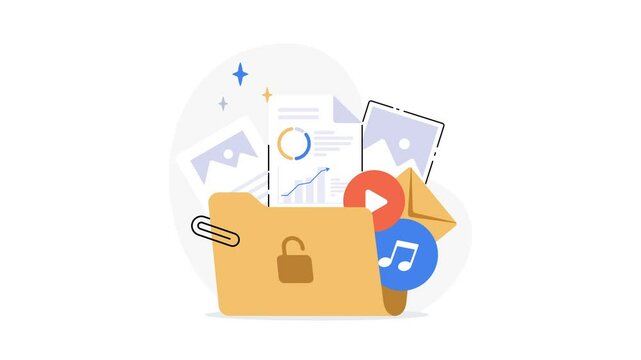 Animation of folder opening and closing. Computer file folder with documents animated video