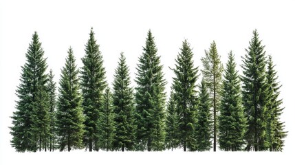 Majestic evergreen coniferous forest trees isolated on white background fir pine tall leaf wood view