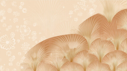 Elegant gold art deco style background featu layered fan patterns and floral accents on a soft peach gradient creating a sophisticated and luxurious feel.
